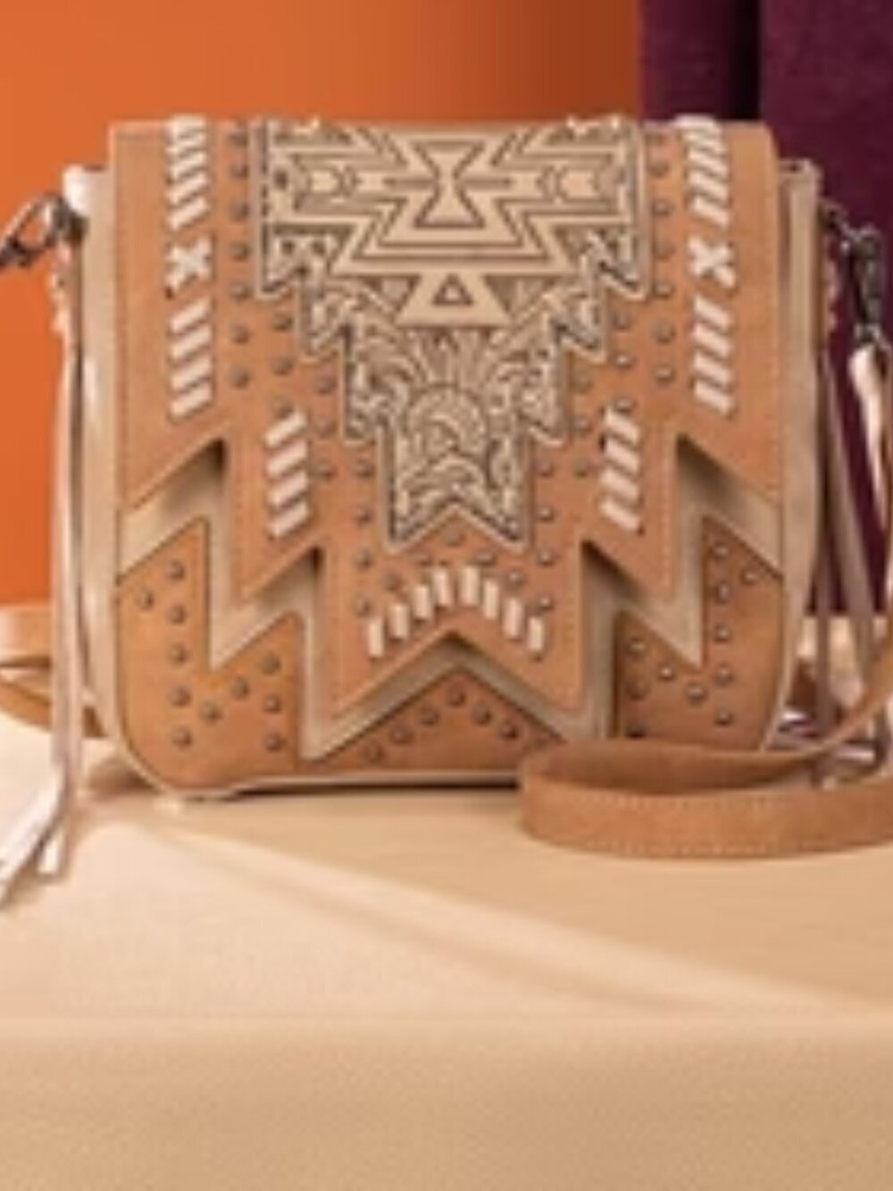 Montana West Aztec Tooled Fringe Bag-Tan NWT
